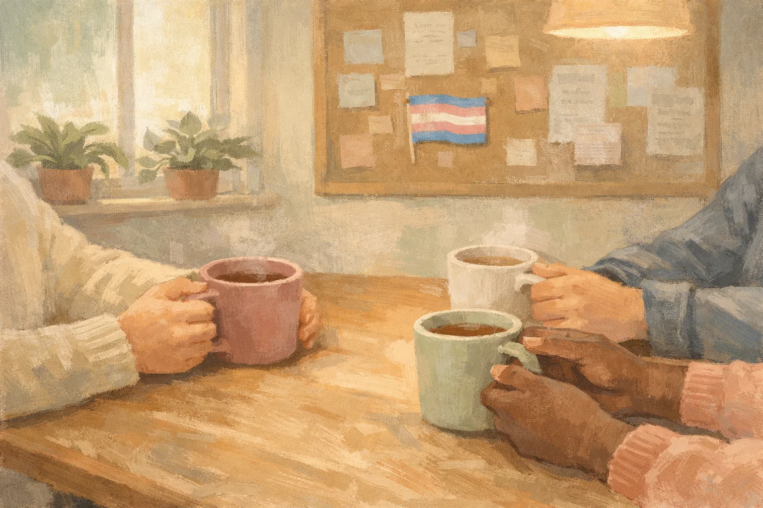 Hands holding tea around a sunlit community room with a trans pride flag in the background