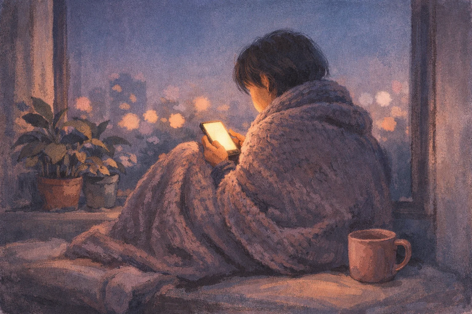 A person wrapped in a blanket on a window seat at night, holding a softly glowing phone