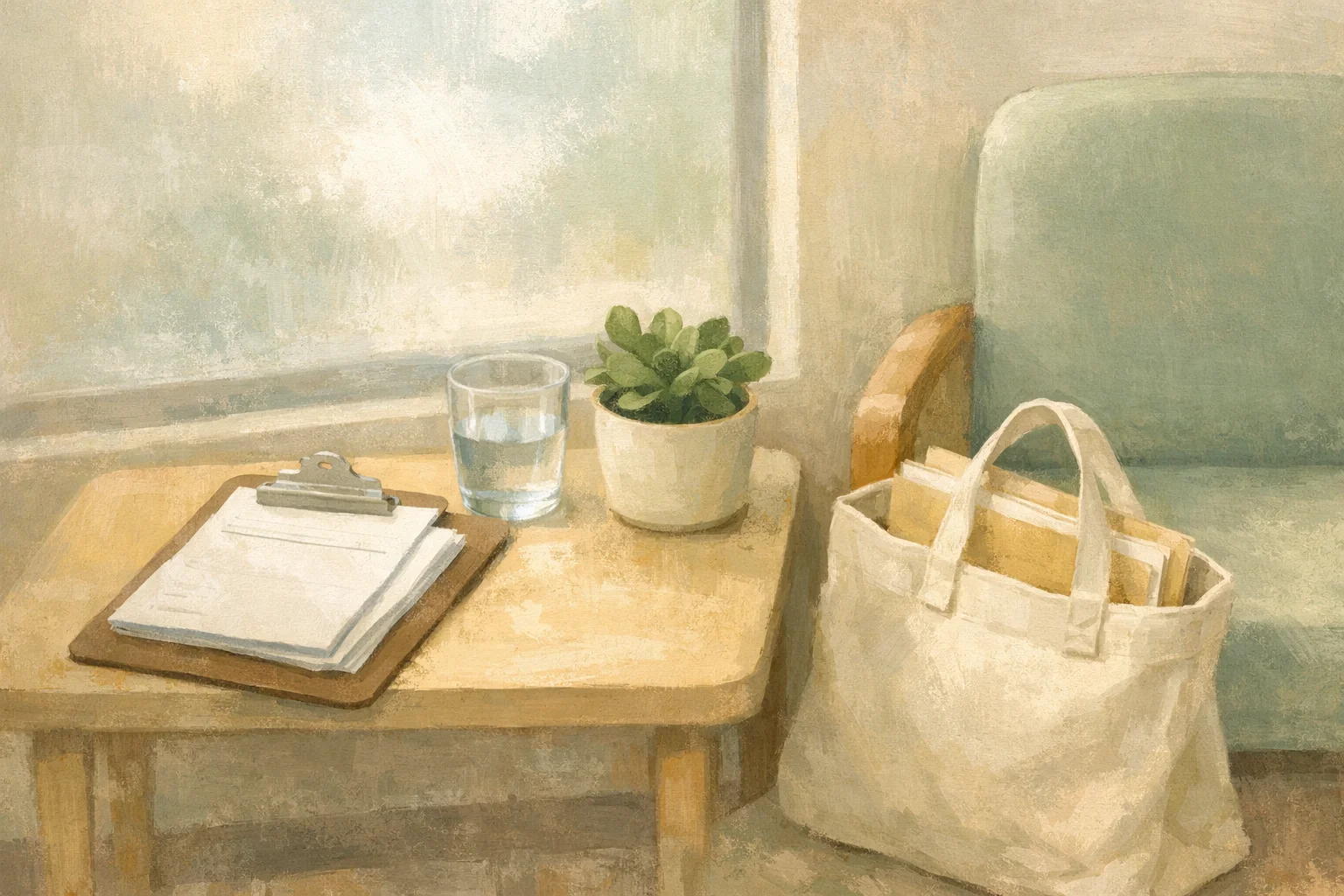 A calm clinic waiting room with a clipboard and a glass of water