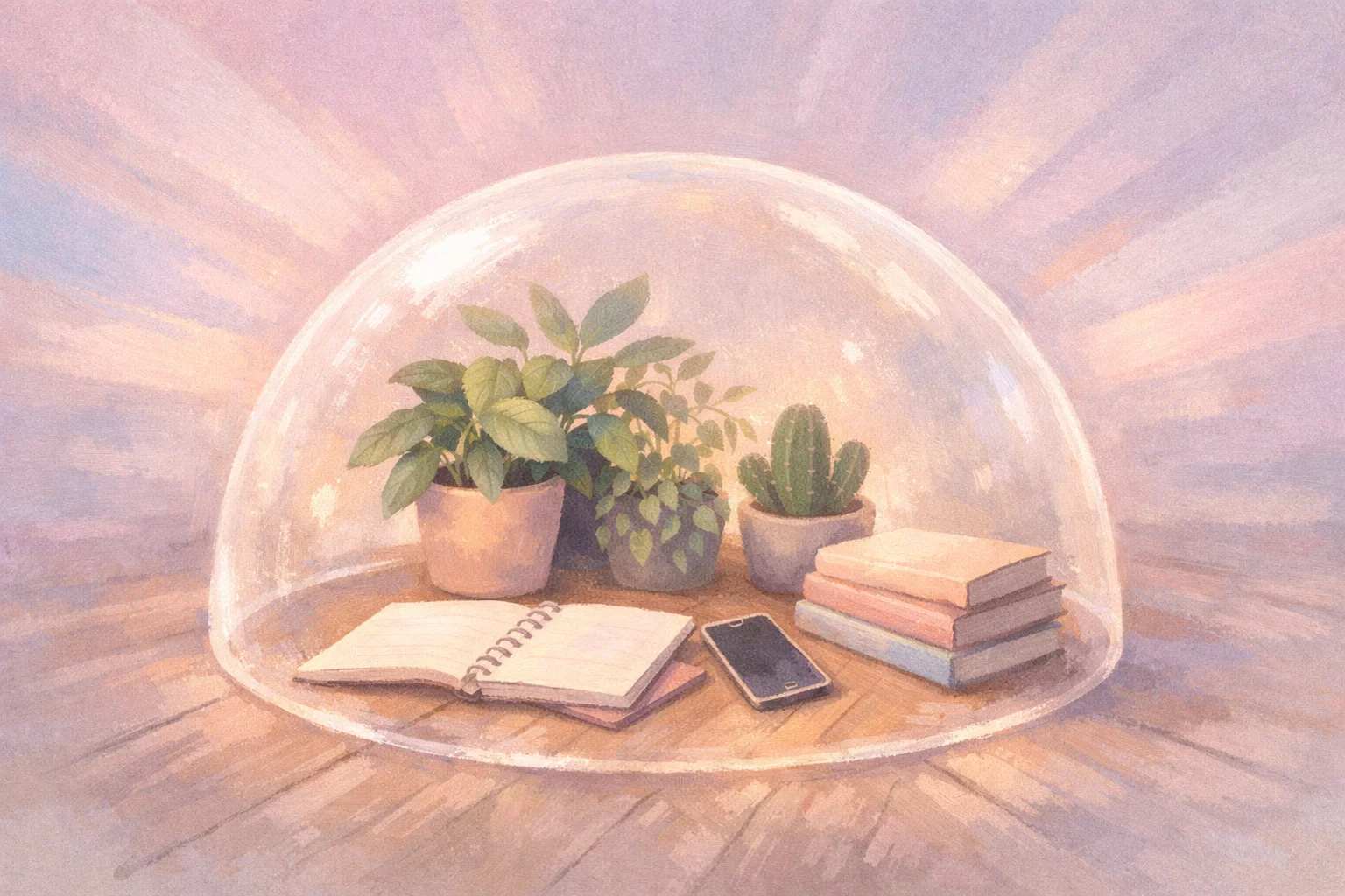 A softly glowing translucent dome over a small cluster of books, plants and a notebook