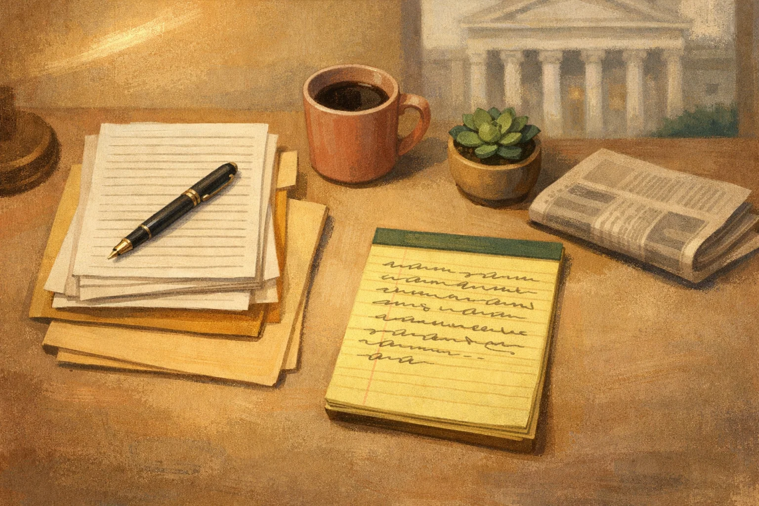 Top-down view of a tidy desk with legal documents, a fountain pen and a coffee mug